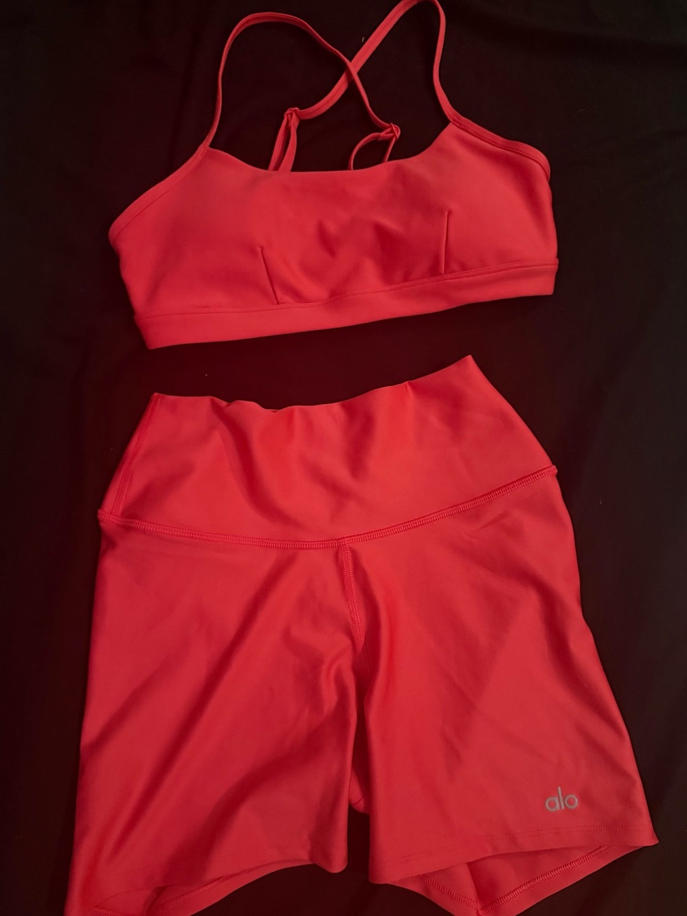 ALO Yoga Candy Red(Pink) Strappy Sports Bra & High-Waist Bike Shorts